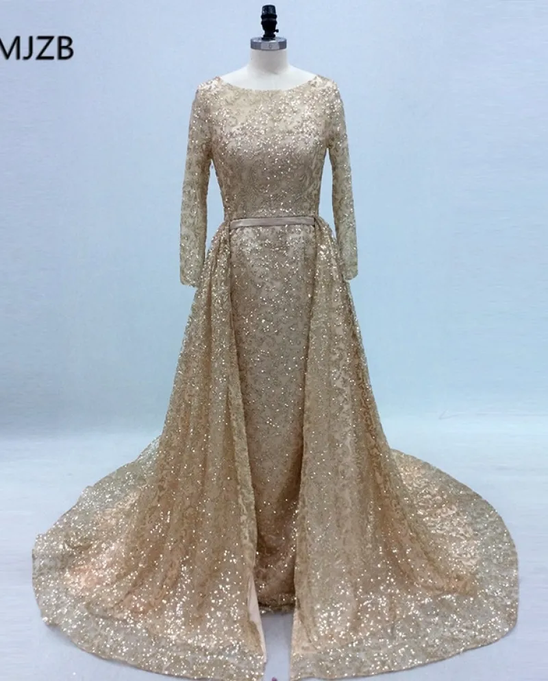 Abiti da sera lunghi con paillettes scintillanti Gonna a maniche lunghe con maniche lunghe a sirena Arabo Dubai Women Gold Forma