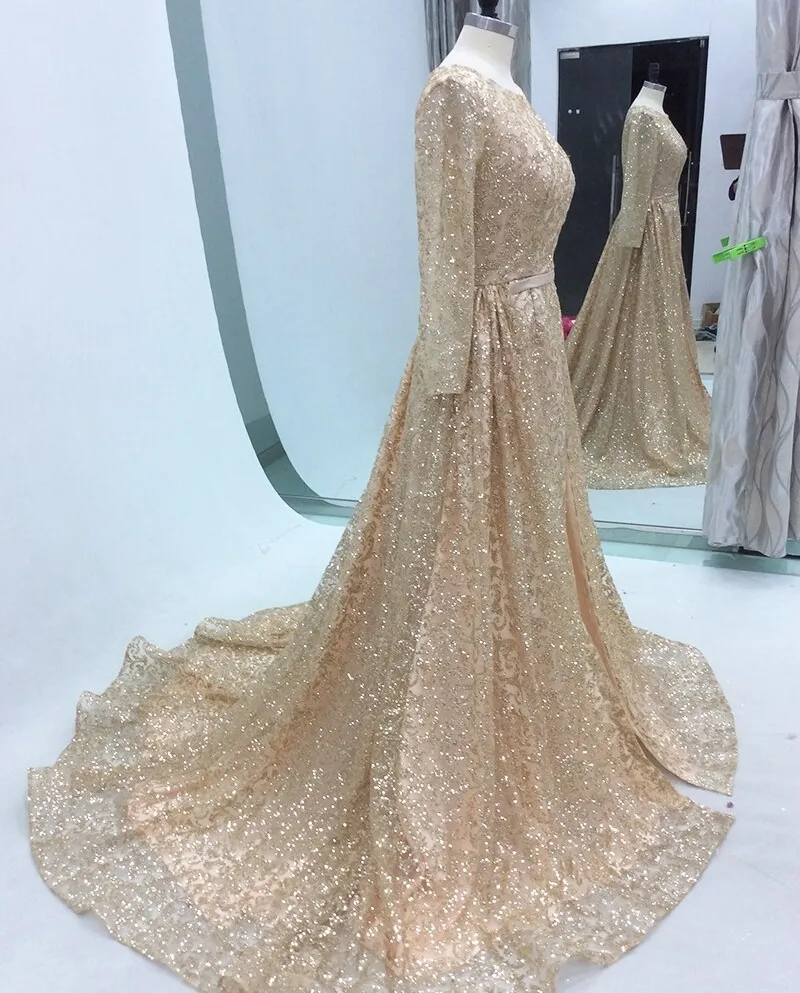 Abiti da sera lunghi con paillettes scintillanti Gonna a maniche lunghe con maniche lunghe a sirena Arabo Dubai Women Gold Forma