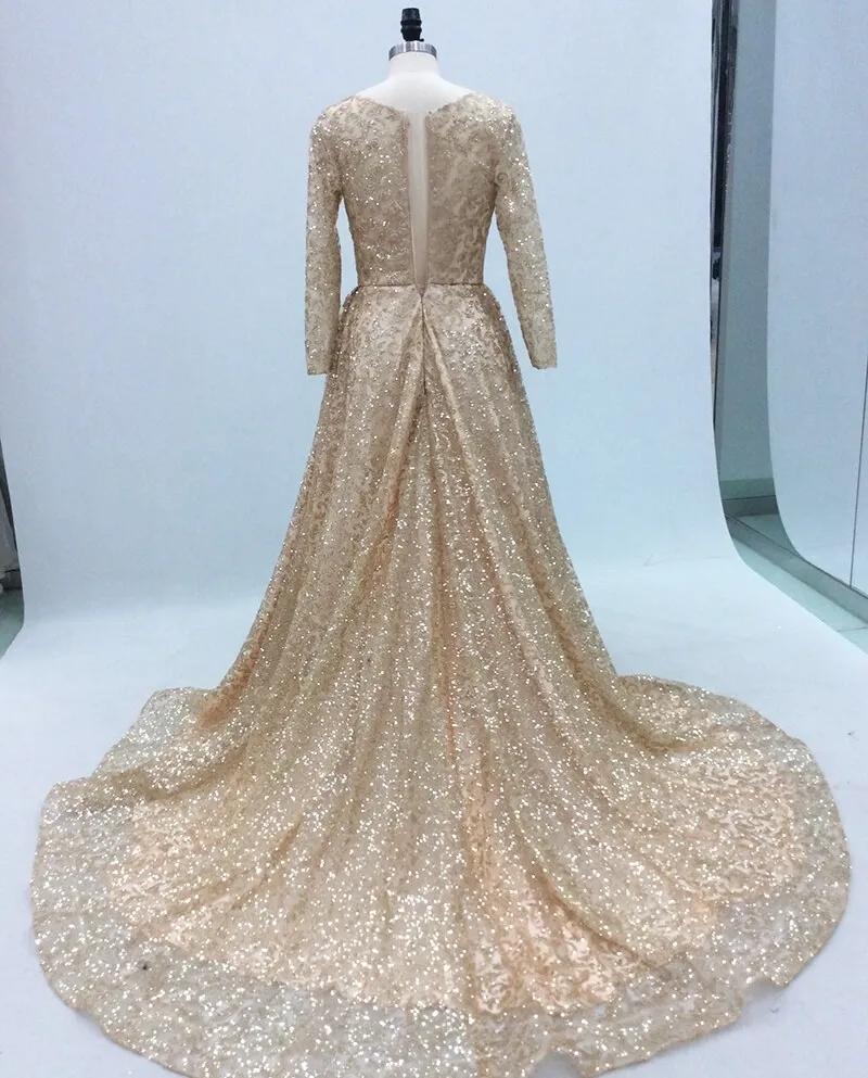 Abiti da sera lunghi con paillettes scintillanti Gonna a maniche lunghe con maniche lunghe a sirena Arabo Dubai Women Gold Forma