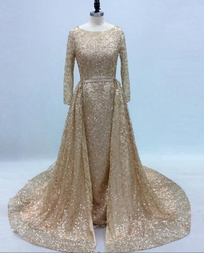 Abiti da sera lunghi con paillettes scintillanti Gonna a maniche lunghe con maniche lunghe a sirena Arabo Dubai Women Gold Forma