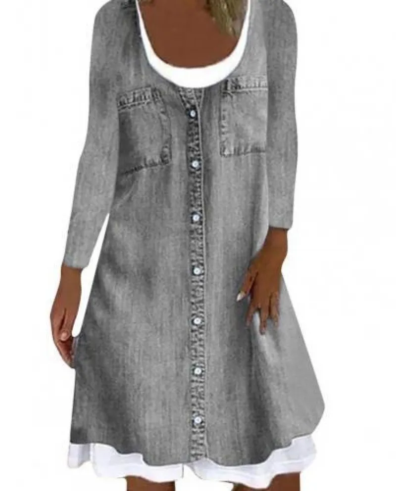 Abito da donna in due pezzi finto, alla moda, nuovo, casual, imitazione denim