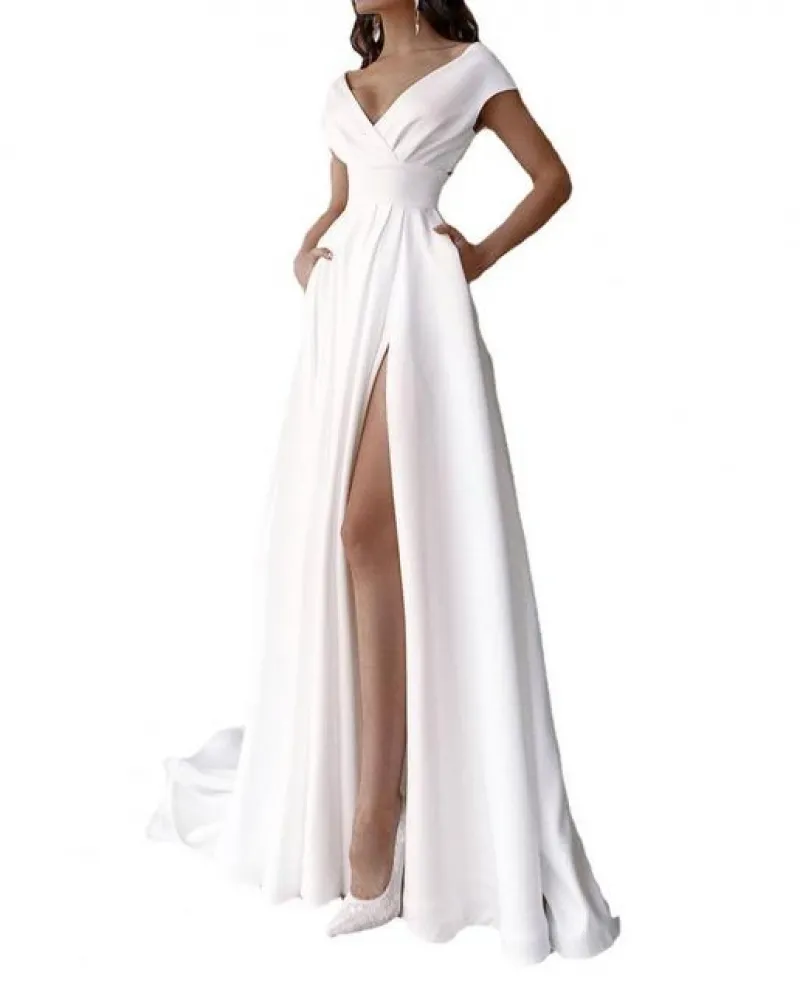 Abito da donna lungo fino al pavimento con scollo a V Abito da festa sottile da donna White Side Sp