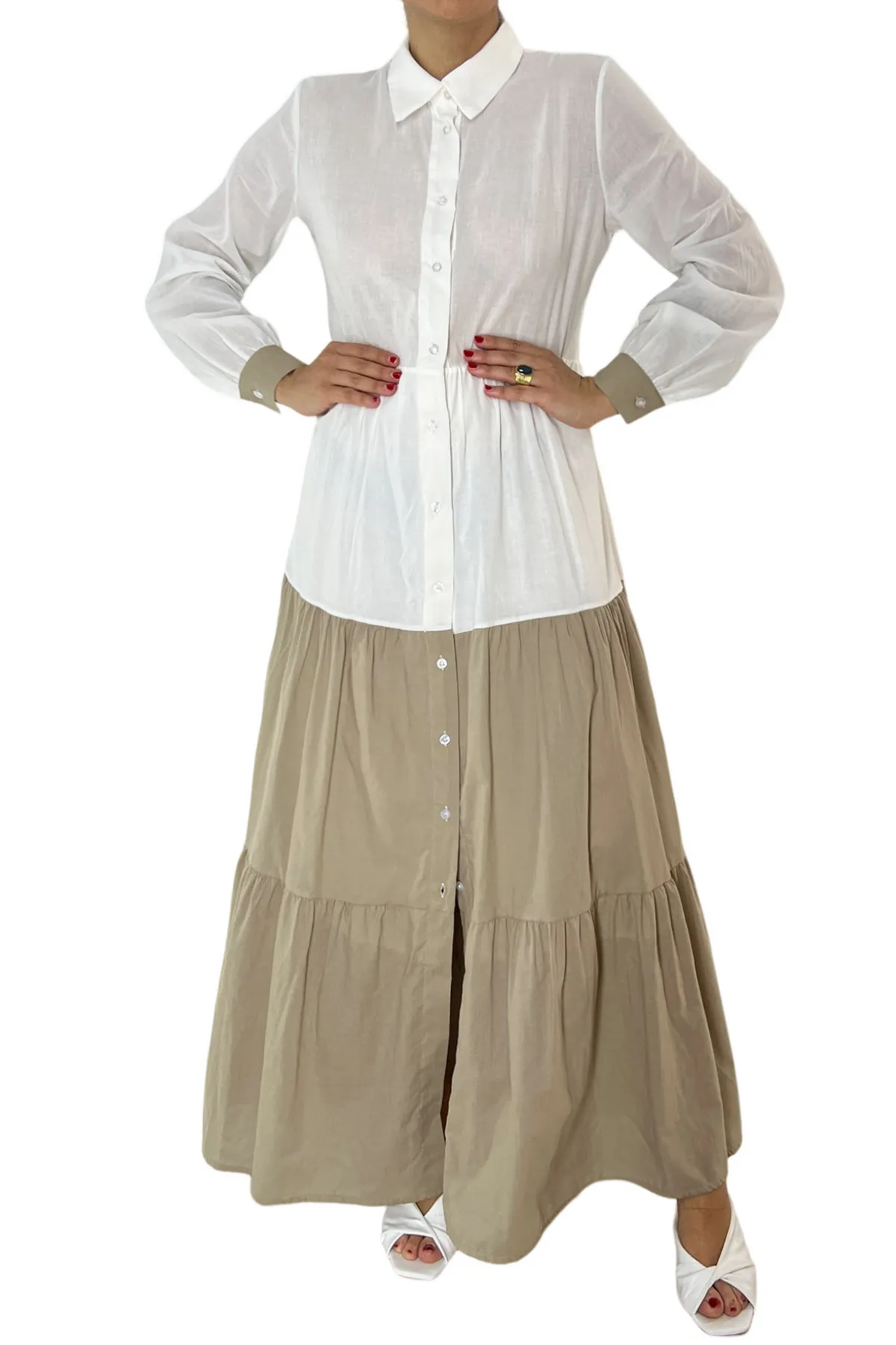 Abito donna in cotone leggero midi manica lunga chiusura bottoni con balze