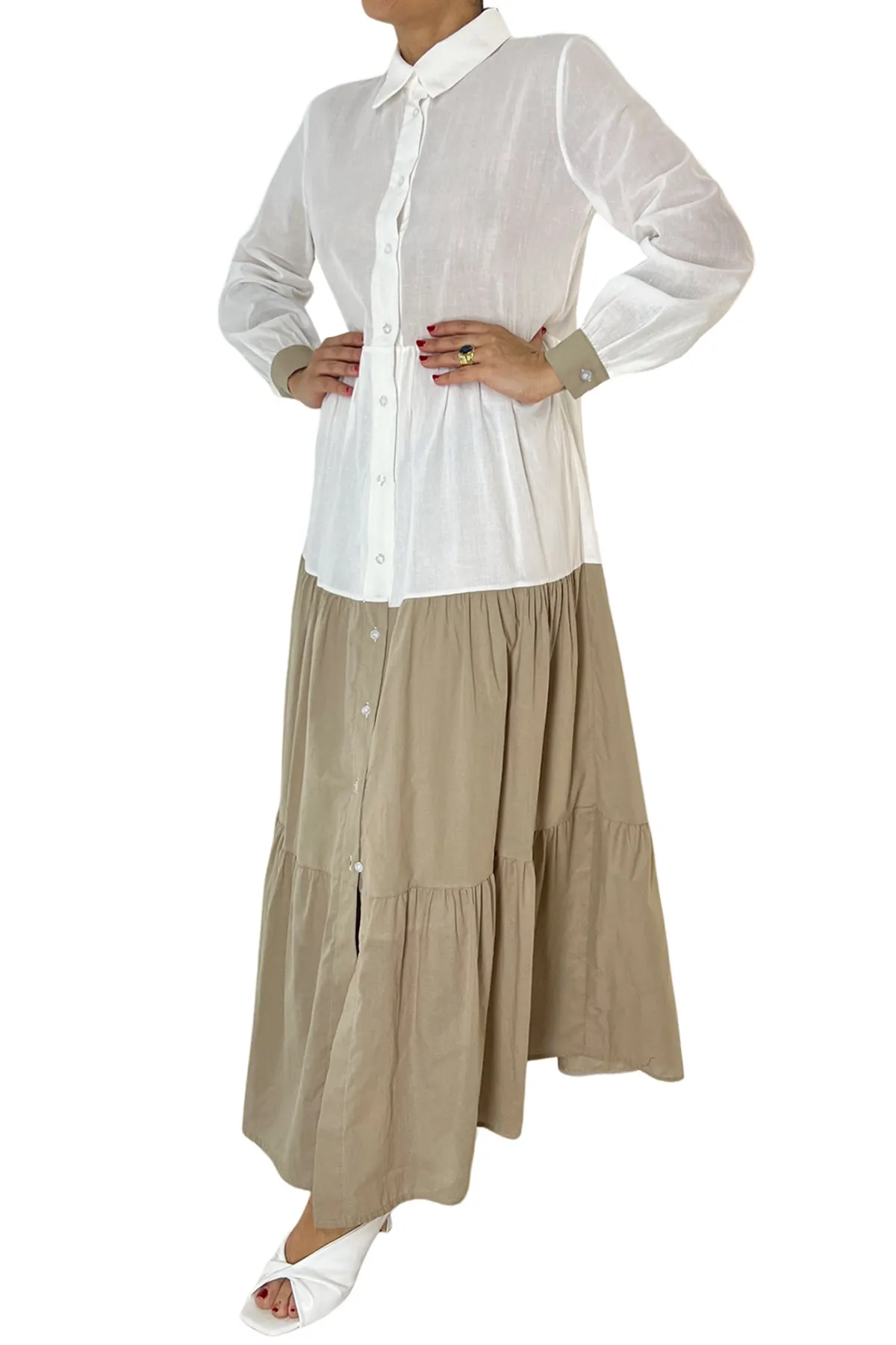 Abito donna in cotone leggero midi manica lunga chiusura bottoni con balze