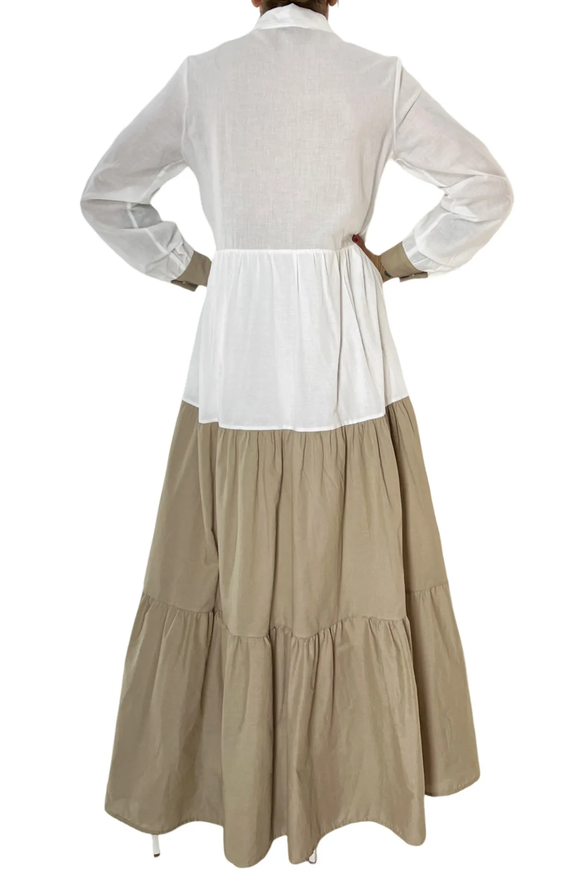 Abito donna in cotone leggero midi manica lunga chiusura bottoni con balze