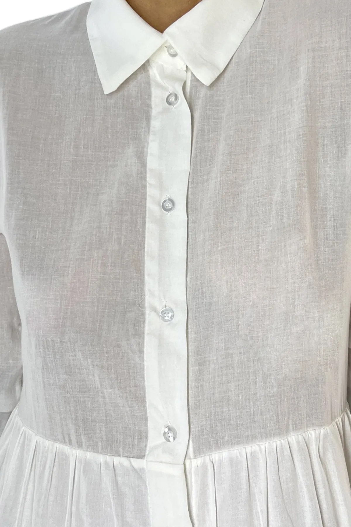 Abito donna in cotone leggero midi manica lunga chiusura bottoni con balze