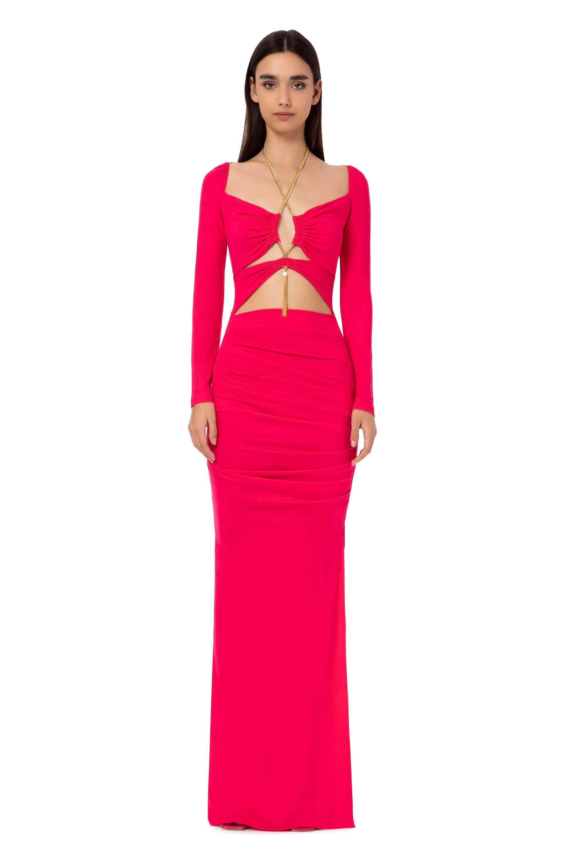 Abito red carpet in jersey con catena intrecciata