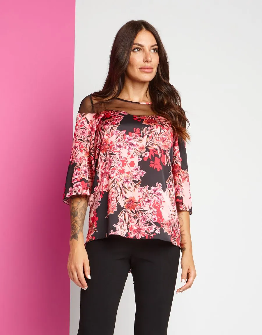 Casacca fantasia fiori rossi e rosa