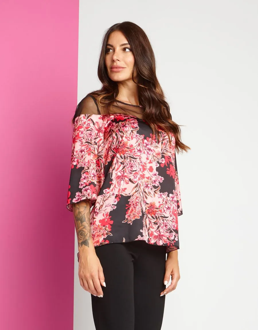 Casacca fantasia fiori rossi e rosa