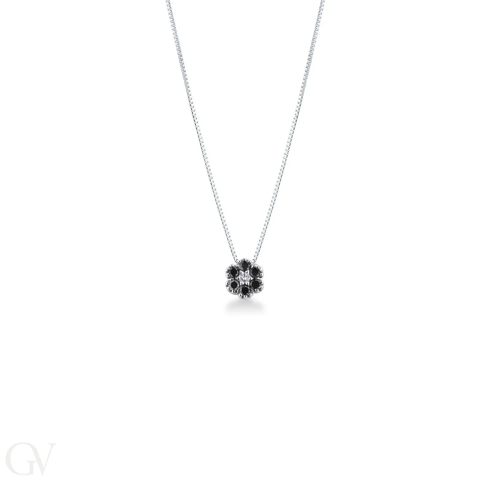 Collana in oro Bianco 18k con fiorellino in diamanti neri e bianchi