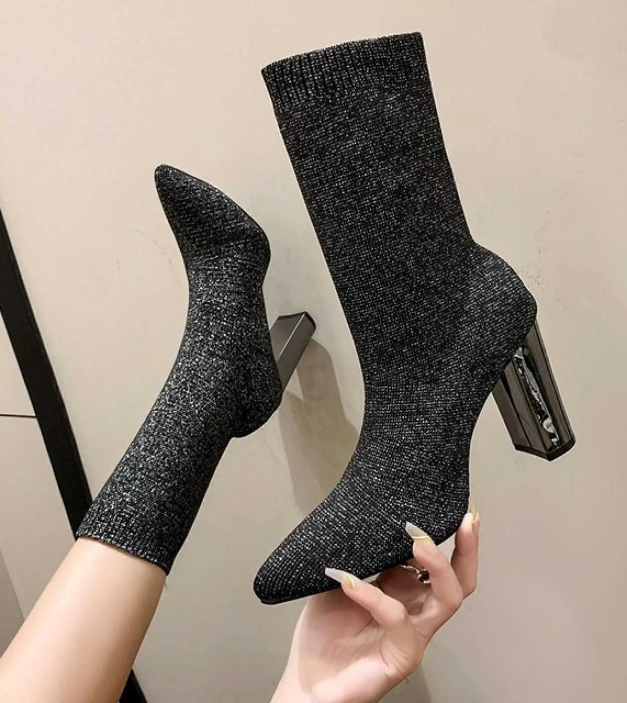 Comemore Metal Heels Socks Boots Women Stretch Fabric Elastic Stilettos Heel Pointed Toe Ankle Boots Ladies Shoes Woman
