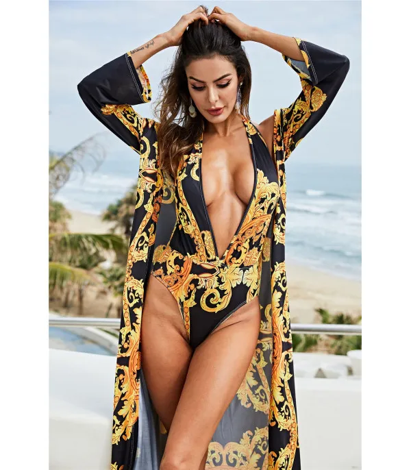 Completo monokini + kimono barocco