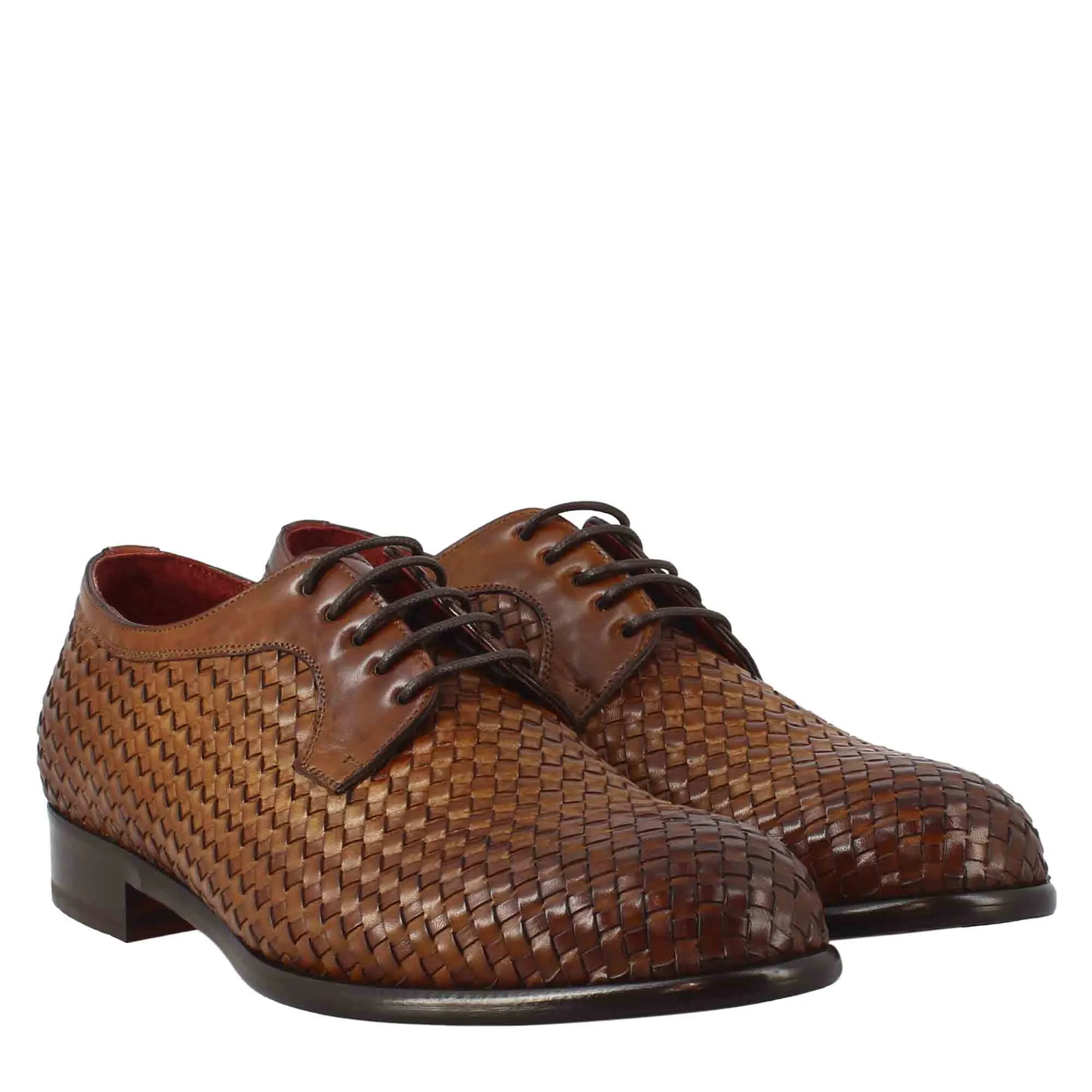 Derby marrone elegante da uomo in pelle fiore intrecciata