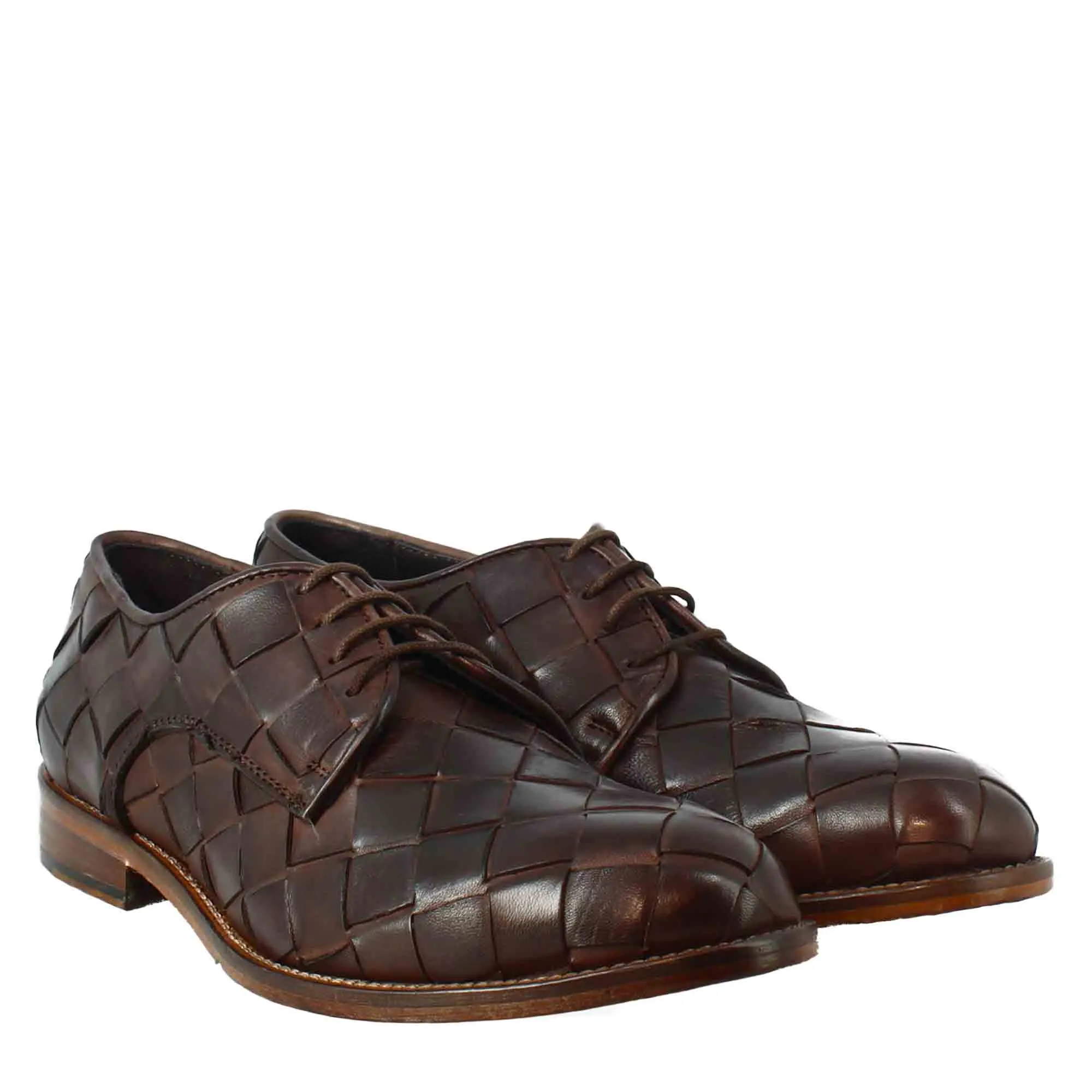 Derby marrone scuro vintage elegante da uomo in pelle intrecciata