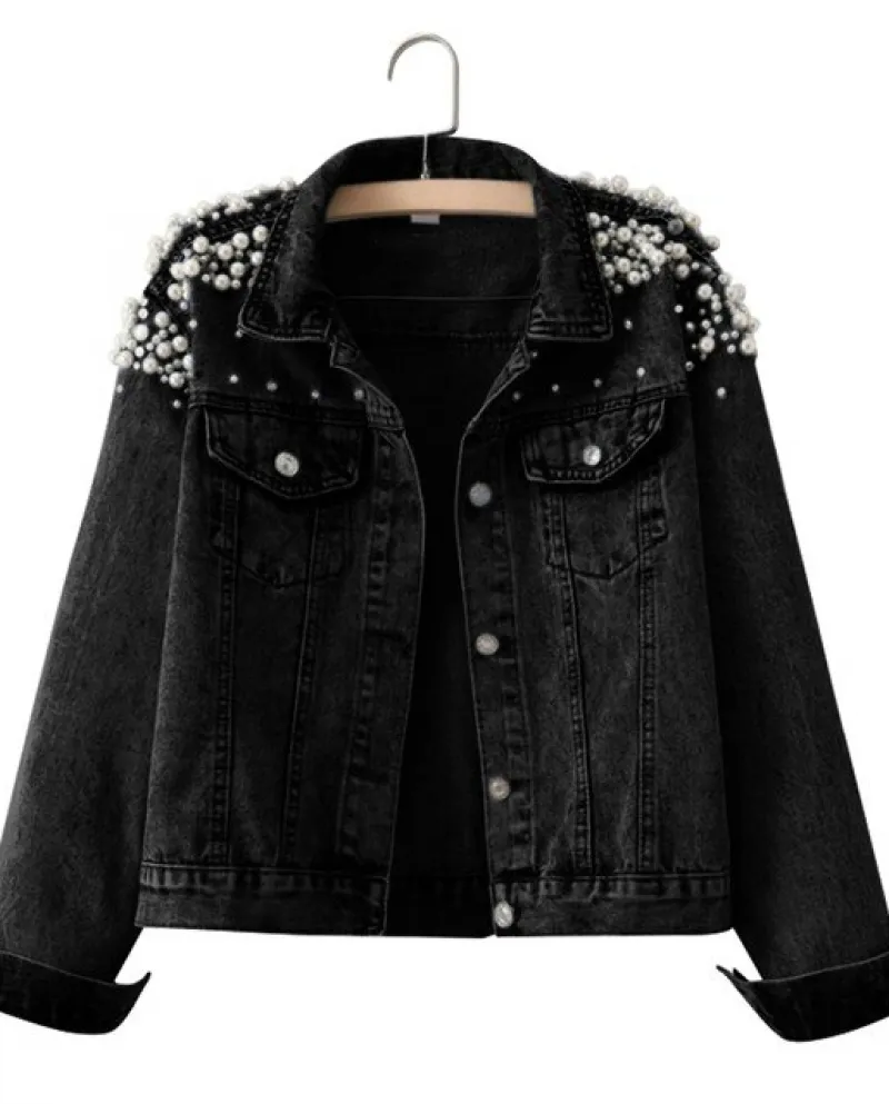 Fashion Heavy Work Beading Short Denim Jackets Womens Loose Casual Outerwear 2022 New Autumn Long Sleeve Jeans Jacket Co