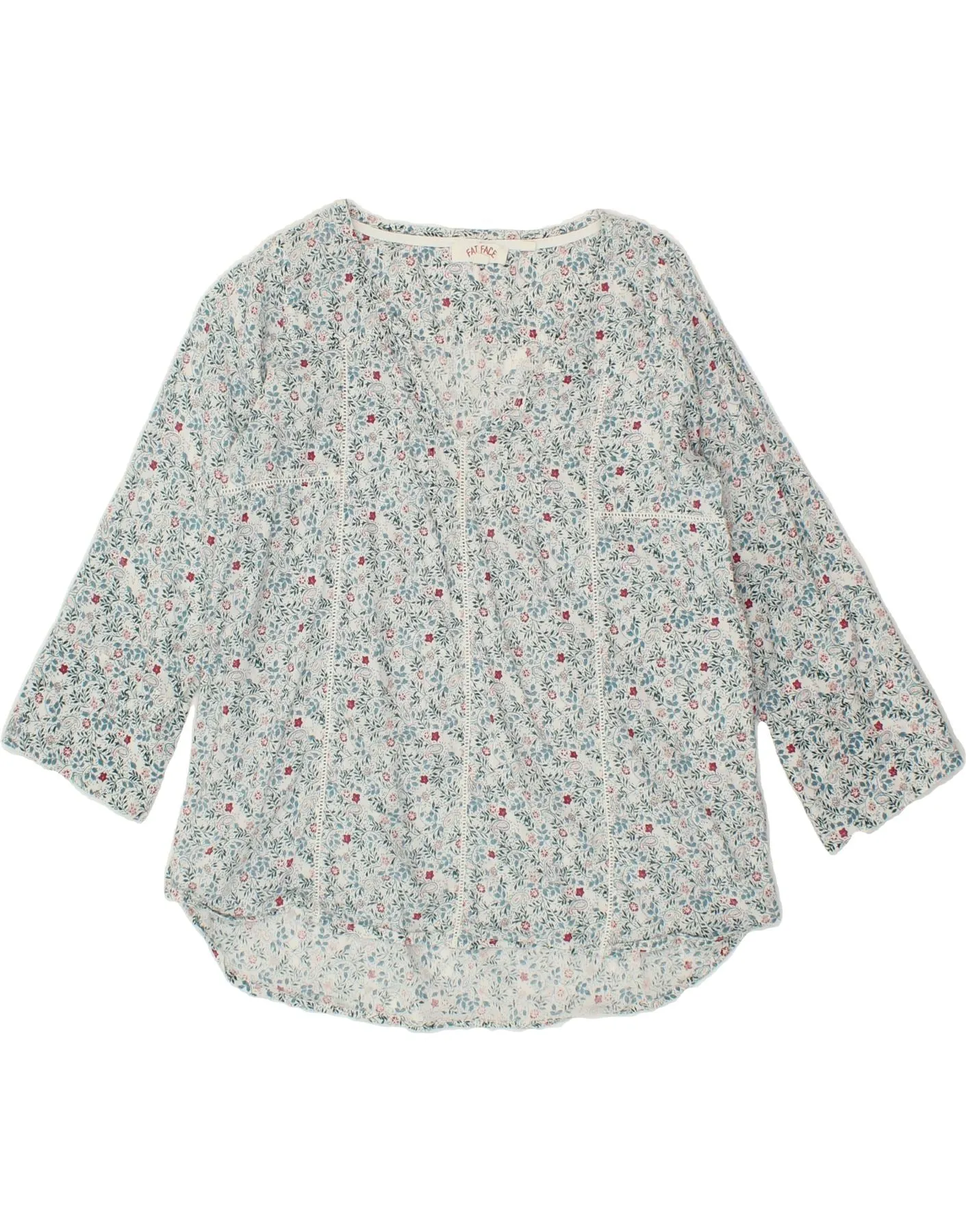 FAT FACE Womens 3/4 Sleeve Blouse Top UK 10 Small Blue Floral Cotton