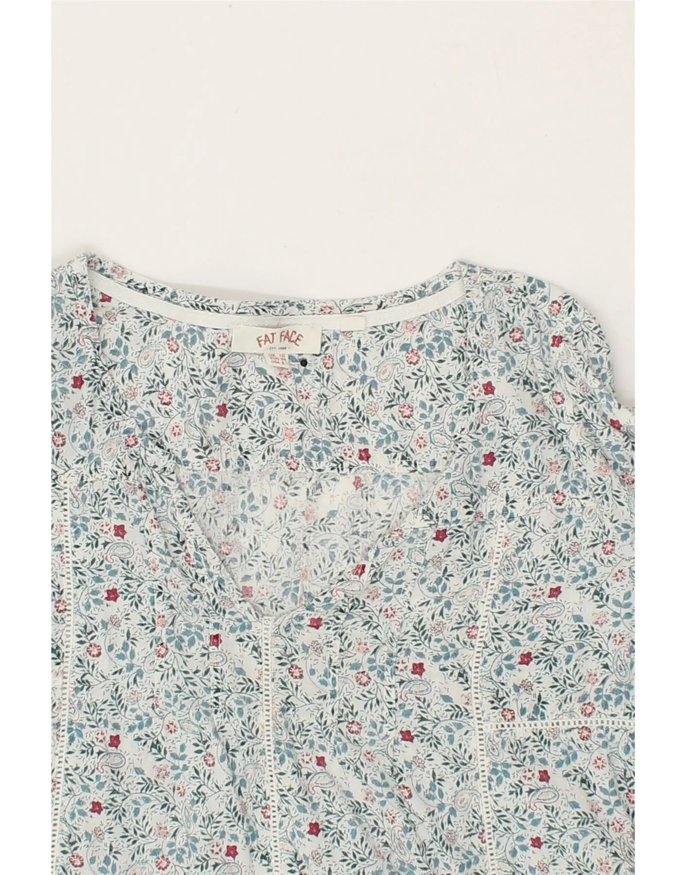 FAT FACE Womens 3/4 Sleeve Blouse Top UK 10 Small Blue Floral Cotton