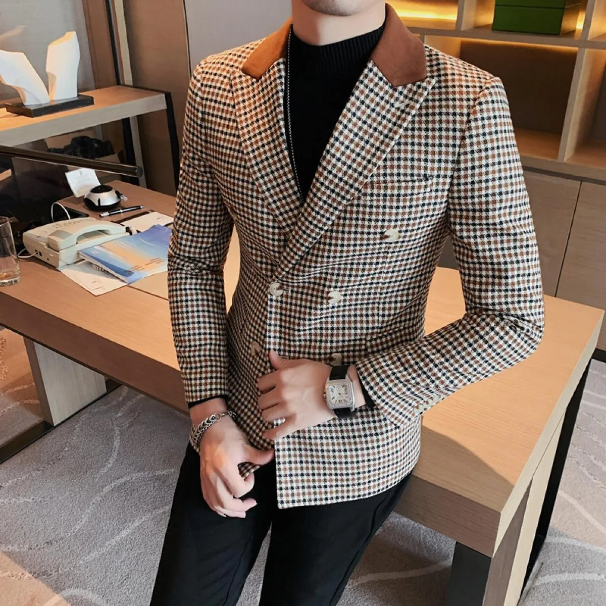 Giacca da abito casual da lavoro doppiopetto da uomo con design patchwork scozzese, blazer da uomo slim fit, blazer verde hombre