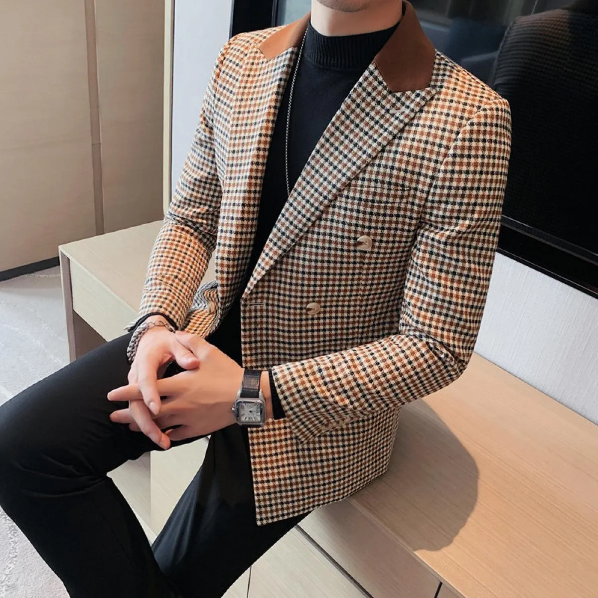 Giacca da abito casual da lavoro doppiopetto da uomo con design patchwork scozzese, blazer da uomo slim fit, blazer verde hombre