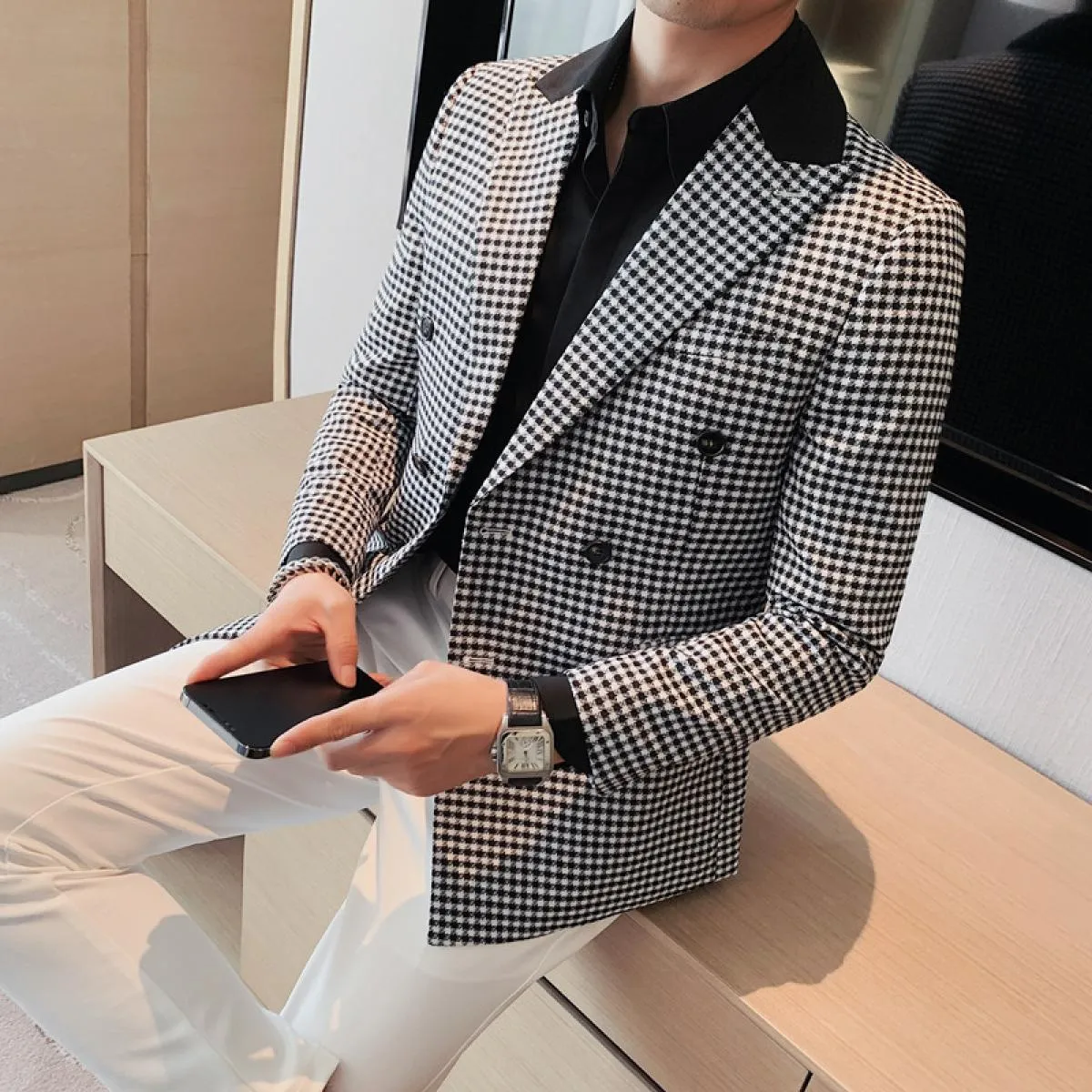Giacca da abito casual da lavoro doppiopetto da uomo con design patchwork scozzese, blazer da uomo slim fit, blazer verde hombre