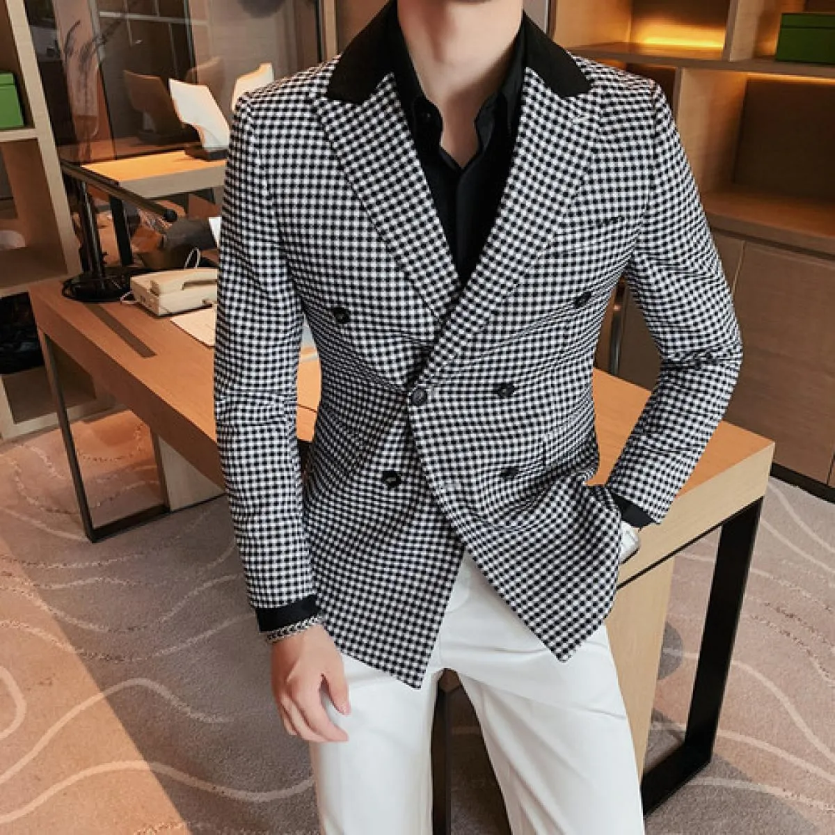 Giacca da abito casual da lavoro doppiopetto da uomo con design patchwork scozzese, blazer da uomo slim fit, blazer verde hombre