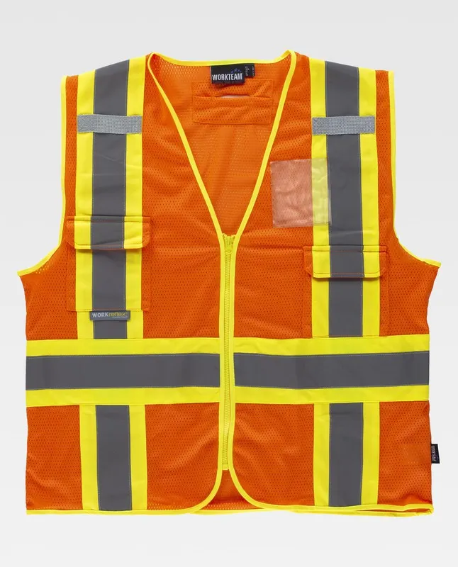 Gilet ad alta visibilità, multi-tasca, nastri riflettenti bicolore verticale e orizzontale Arancione AV Giallo AV