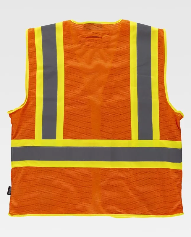 Gilet ad alta visibilità, multi-tasca, nastri riflettenti bicolore verticale e orizzontale Arancione AV Giallo AV