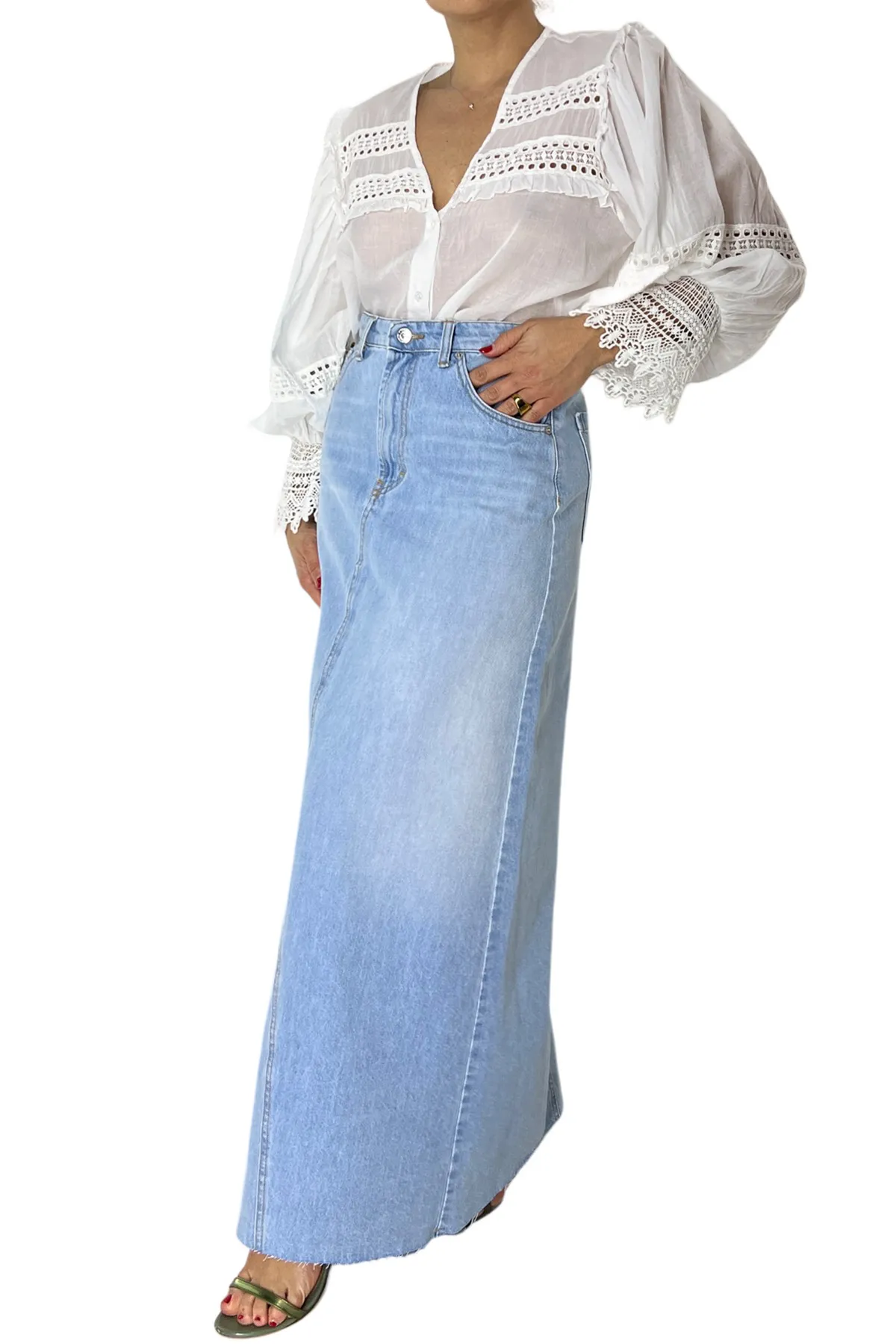 Gonna donna lunga in denim modello 5 tasche lavaggio più chiaro chiusura con zip e bottone