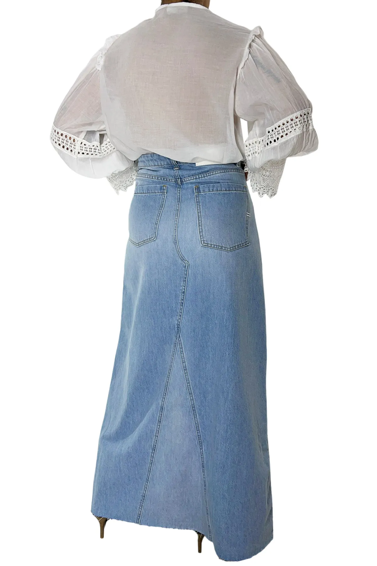 Gonna donna lunga in denim modello 5 tasche lavaggio più chiaro chiusura con zip e bottone