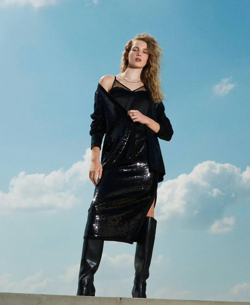 Gonna longuette in maglia full paillettes
