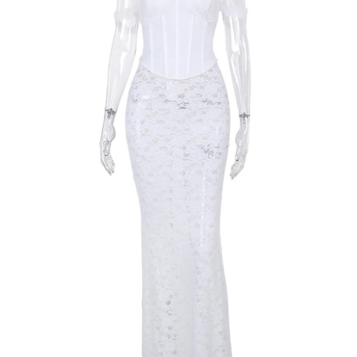 Gonna lunga da 2 pezzi stampata in pizzo  per donna Canotta slim senza schienale patchwork e gonna lunga Set femminile eleg