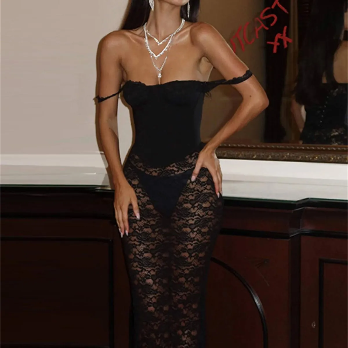 Gonna lunga da 2 pezzi stampata in pizzo  per donna Canotta slim senza schienale patchwork e gonna lunga Set femminile eleg