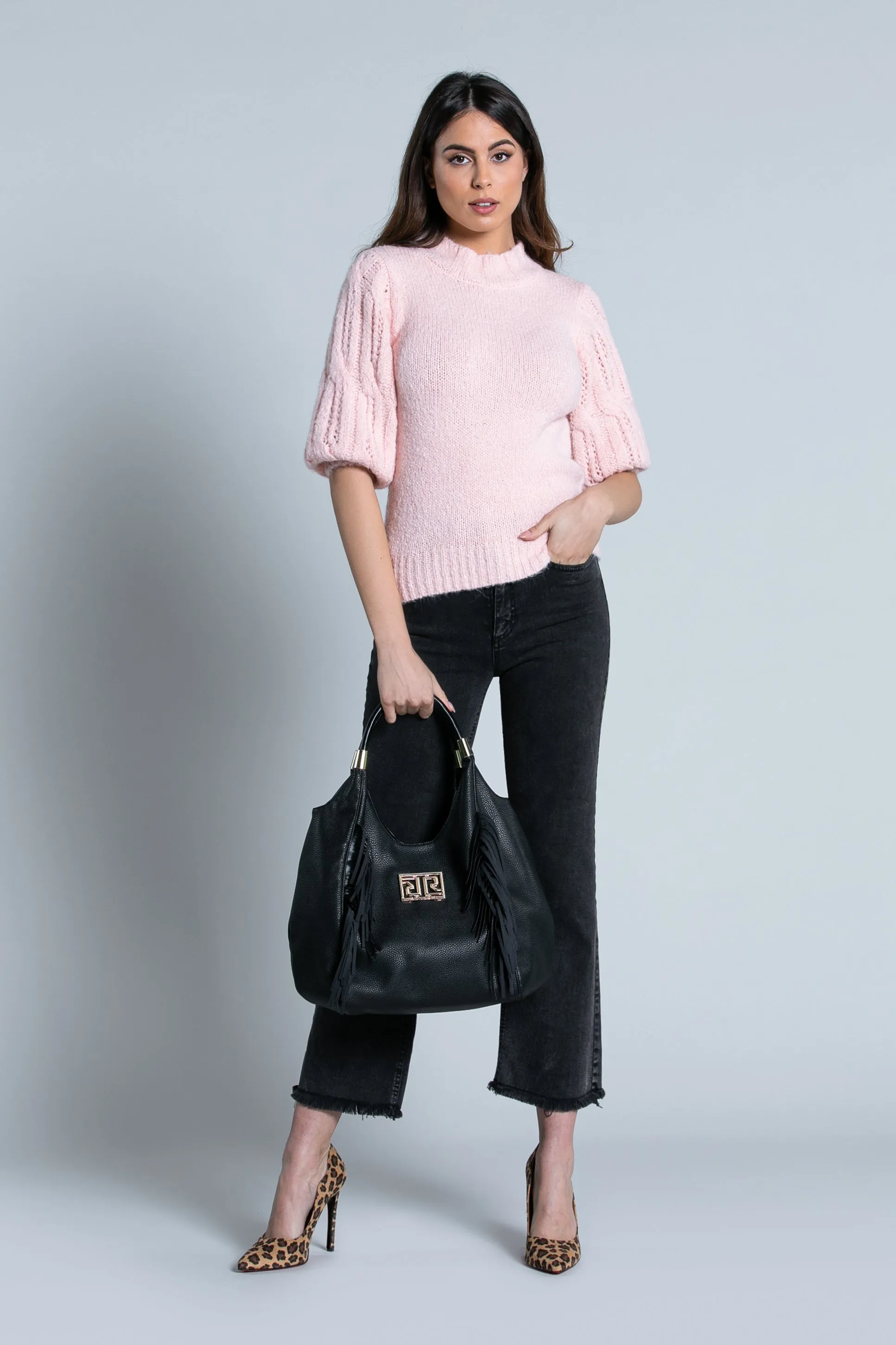 Jeans VICL vita alta crop 5 tasche sfrangiato black denim