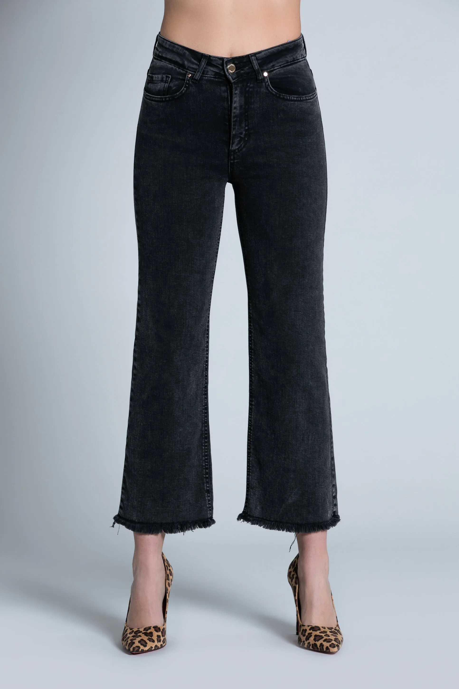 Jeans VICL vita alta crop 5 tasche sfrangiato black denim