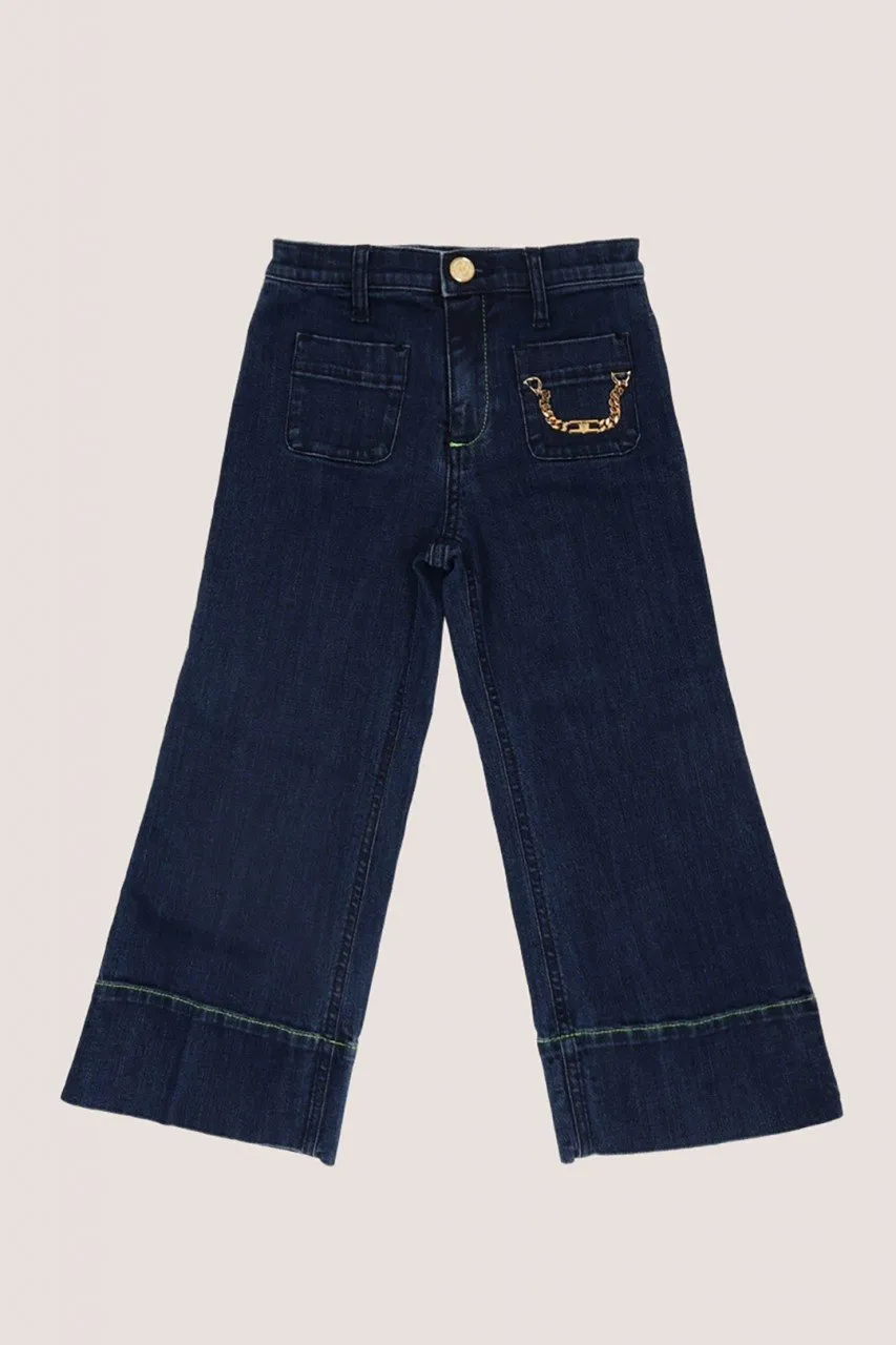 Jeans wide leg con impunture fluo Blu