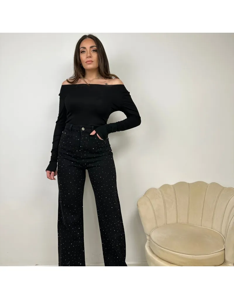 JEANS WIDE LEG STRASS NERO