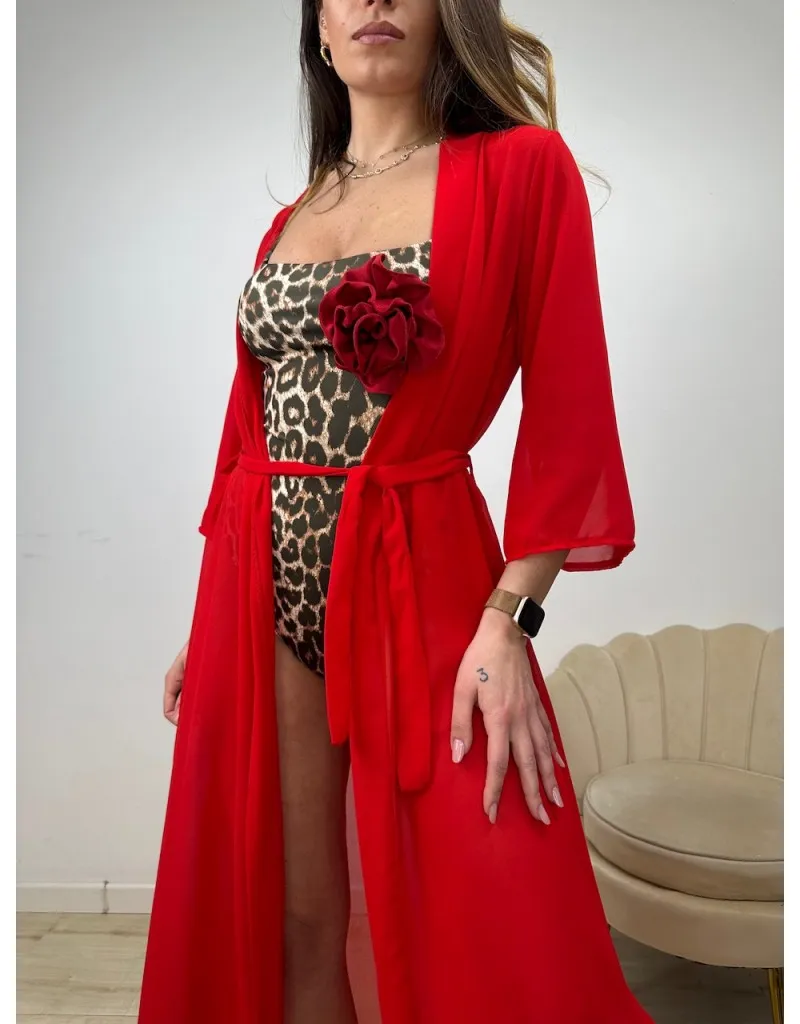 KIMONO LUNGO VELATO ROSSO