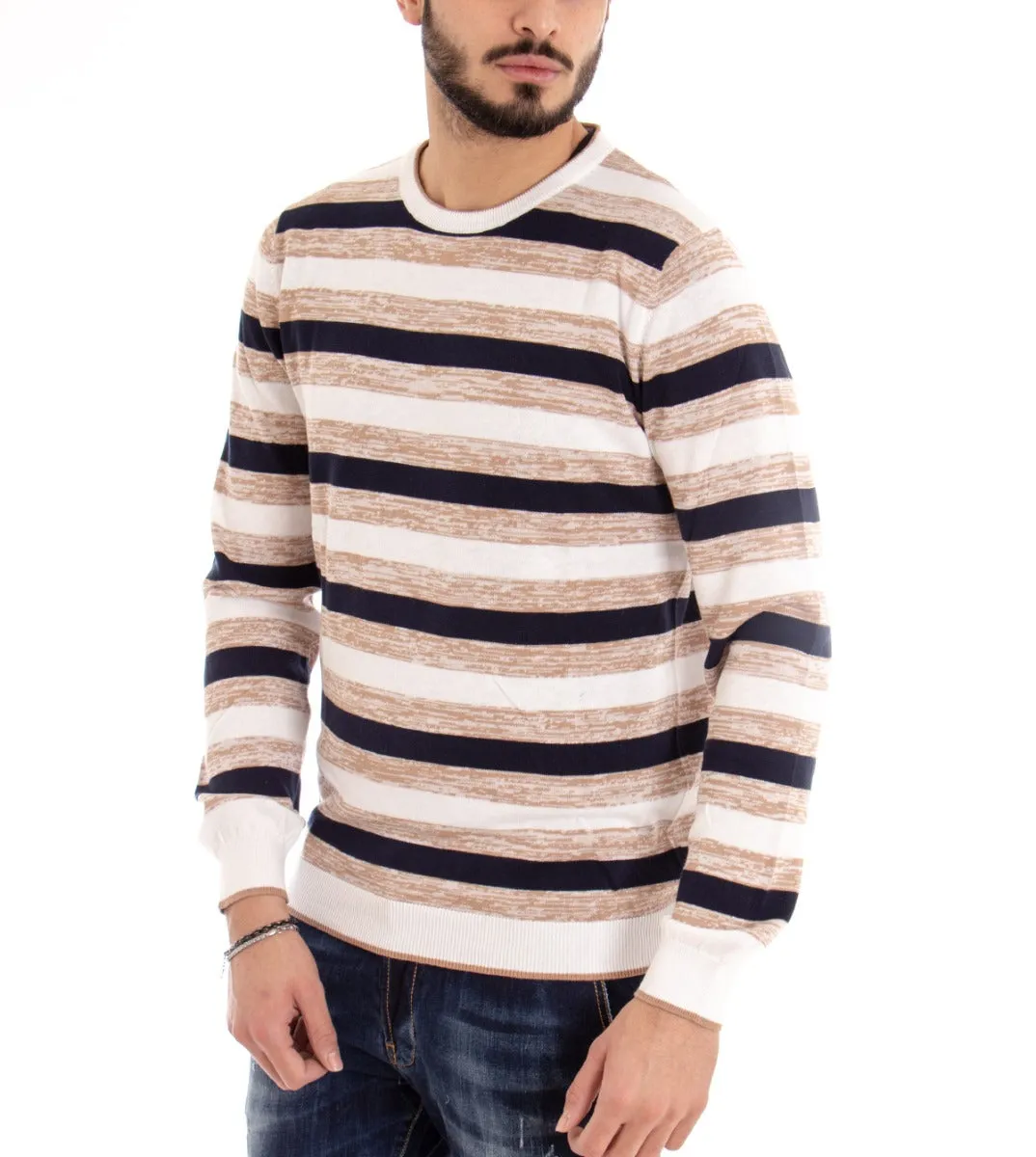 Maglioncino Uomo Maglia Girocollo Righe Rigato Beige Slim GIOSAL-M1668A