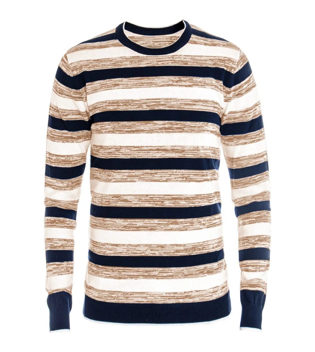 Maglioncino Uomo Maglia Girocollo Righe Rigato Beige Slim GIOSAL-M1668A