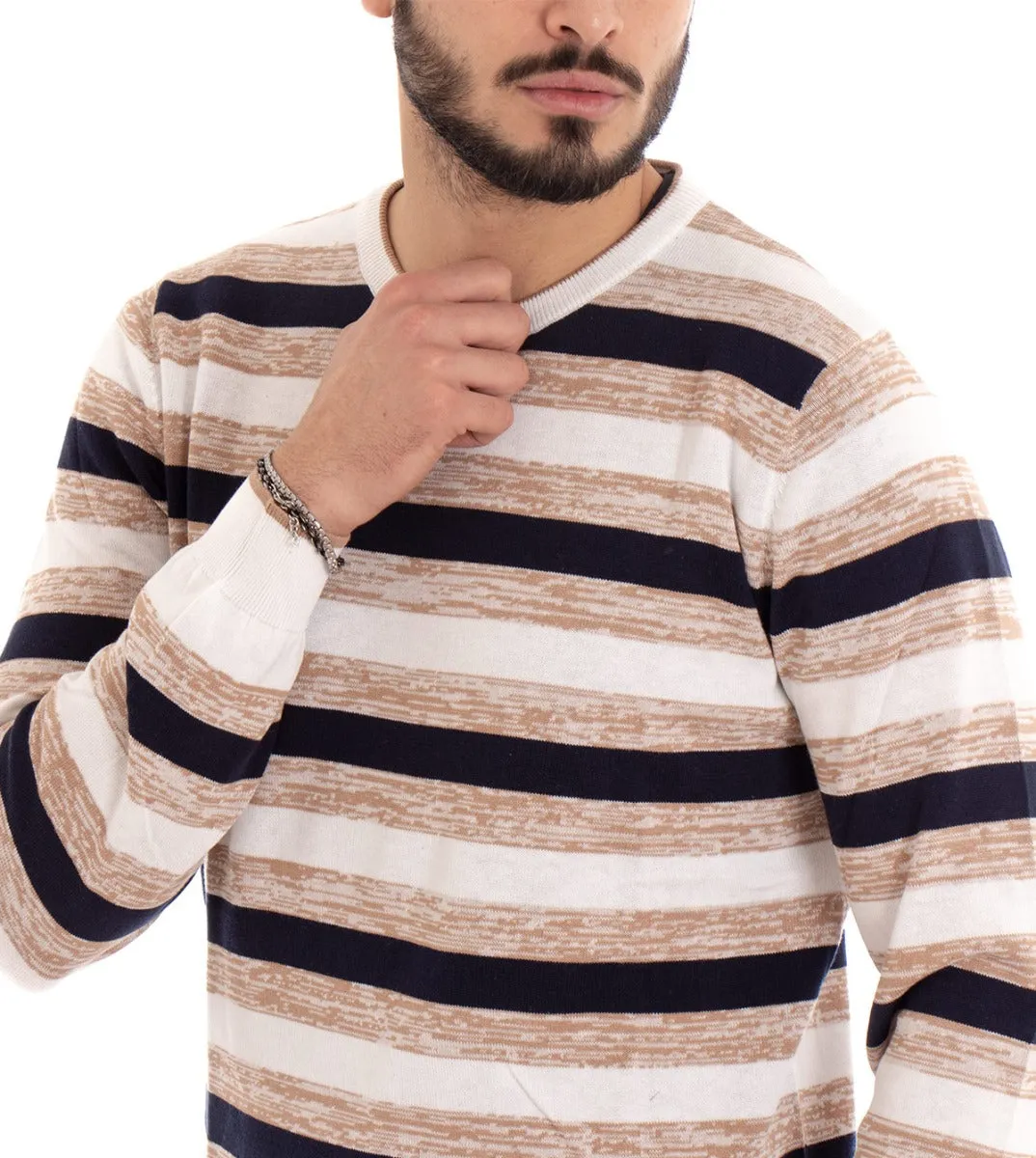 Maglioncino Uomo Maglia Girocollo Righe Rigato Beige Slim GIOSAL-M1668A