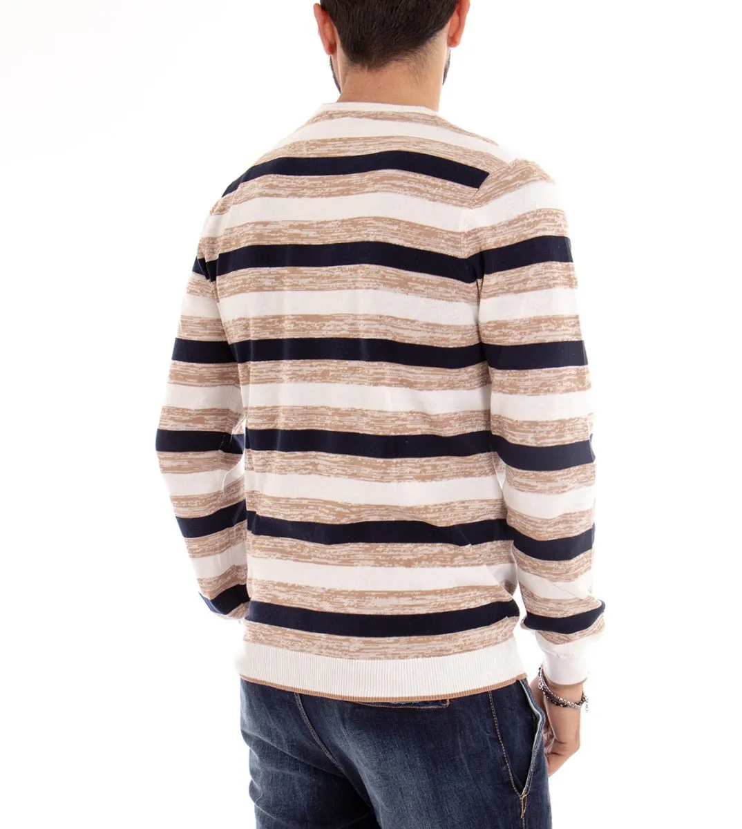 Maglioncino Uomo Maglia Girocollo Righe Rigato Beige Slim GIOSAL-M1668A