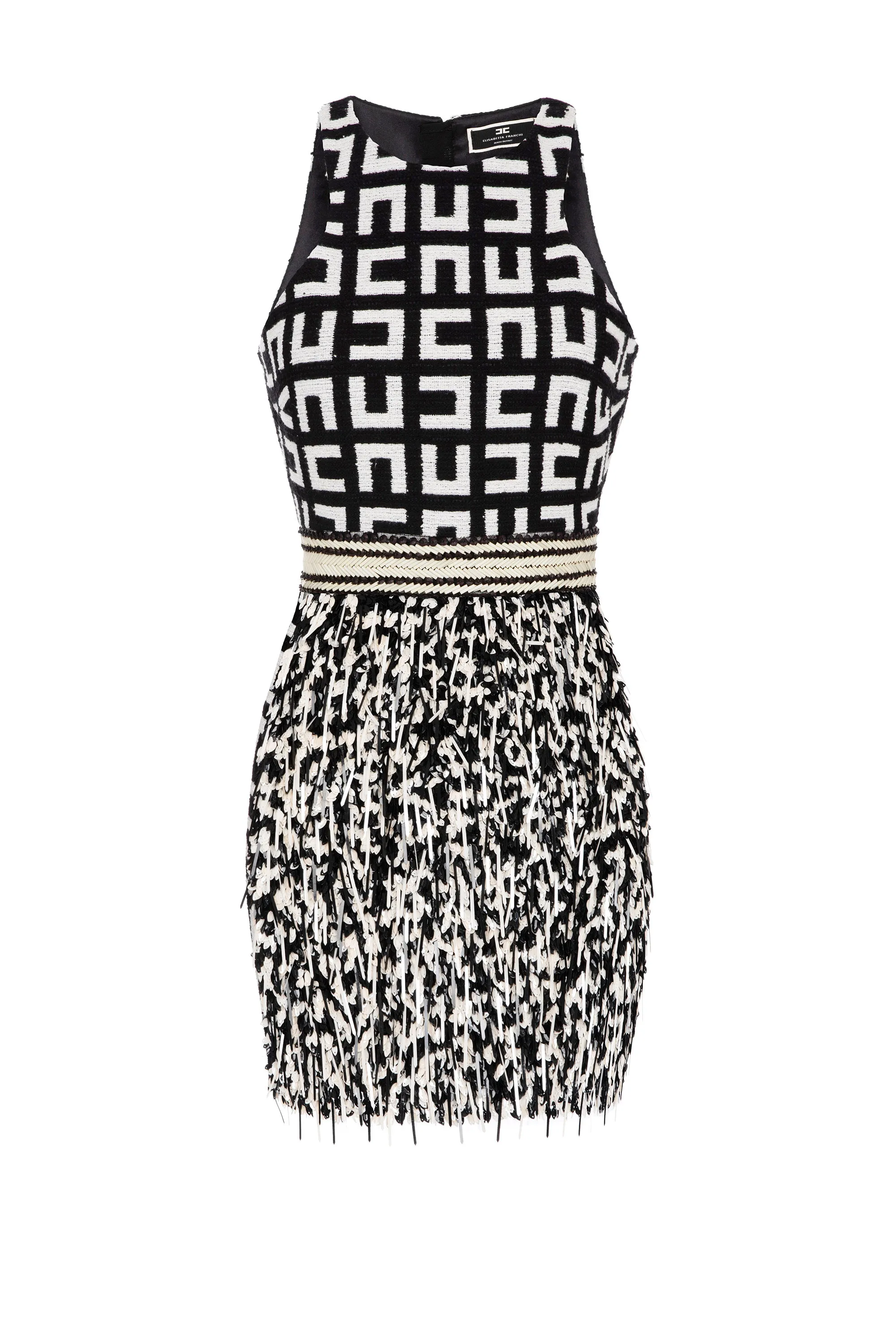 Miniabito in tweed jacquard e ricamo