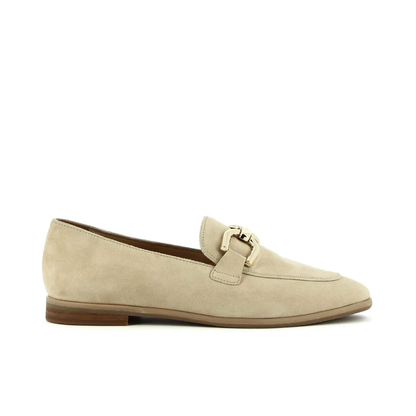 Mocassini casual beige in pelle con morsetto oro