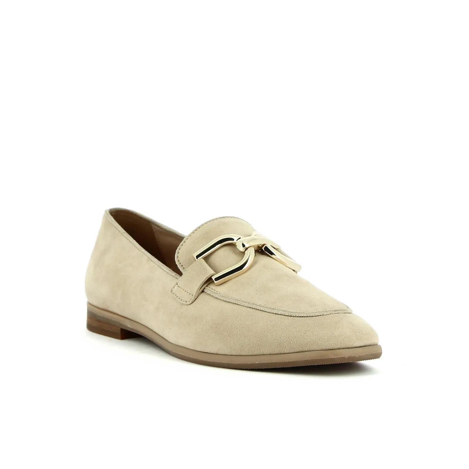 Mocassini casual beige in pelle con morsetto oro
