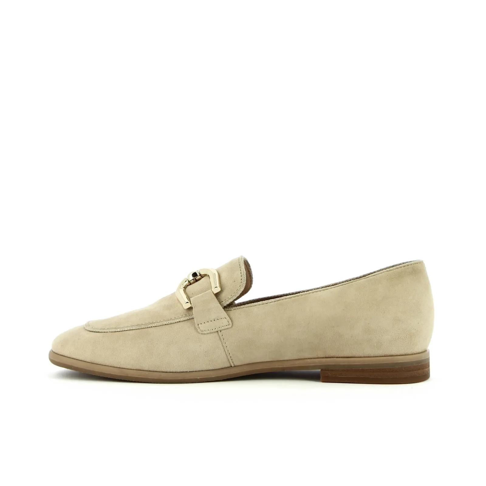 Mocassini casual beige in pelle con morsetto oro
