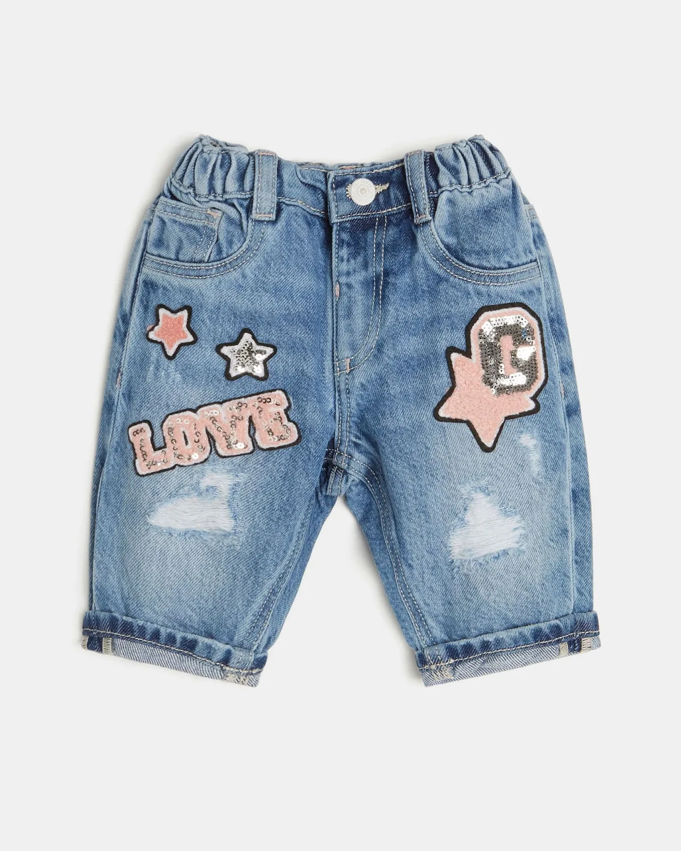 Mom jeans con patch applicati e abrasioni lavaggio chiaro stone washed 3-7 anni