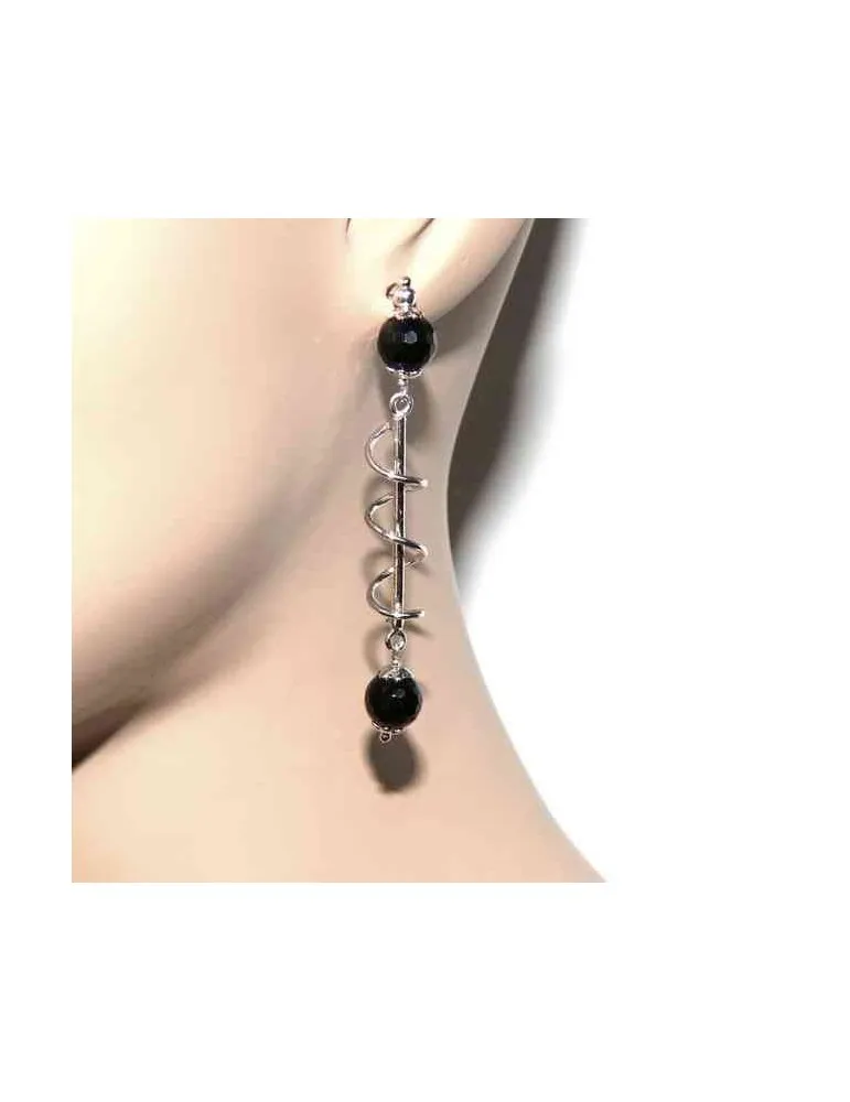 Orecchini donna in Argento 925 lunghi spirale e agata nera