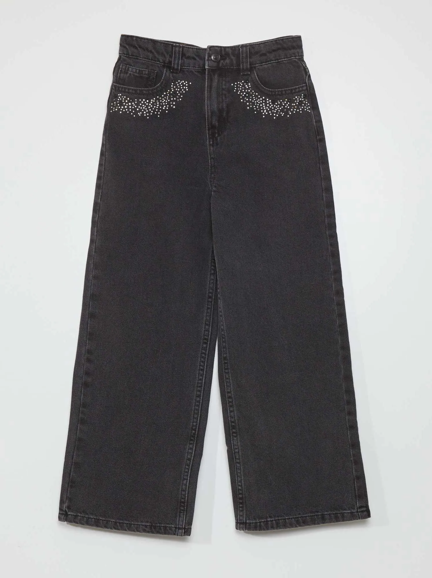 Pantaloni in denim wide leg con strass - GRIGIO