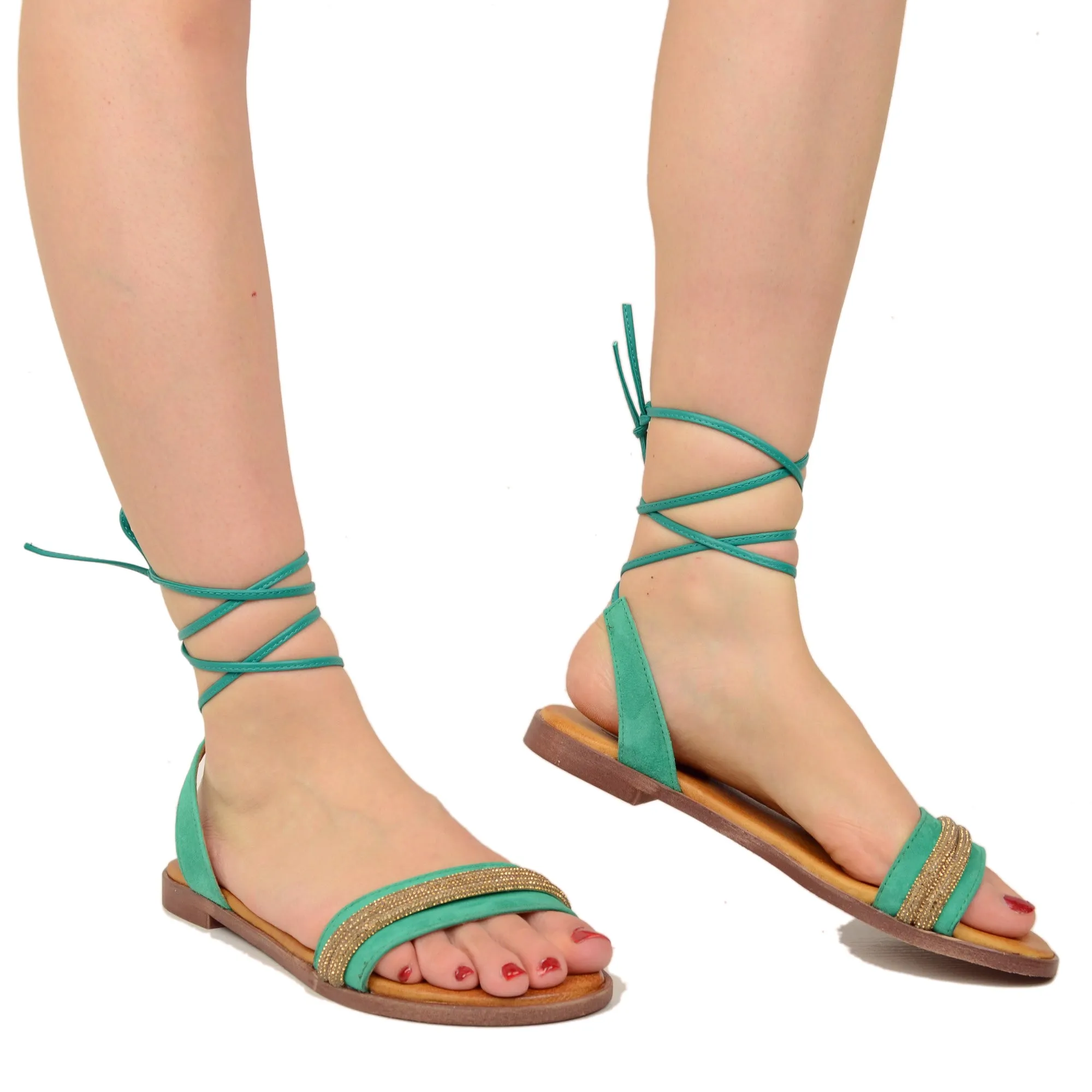 Sandali alla Schiava in Pelle Scamosciata Verde con Strass