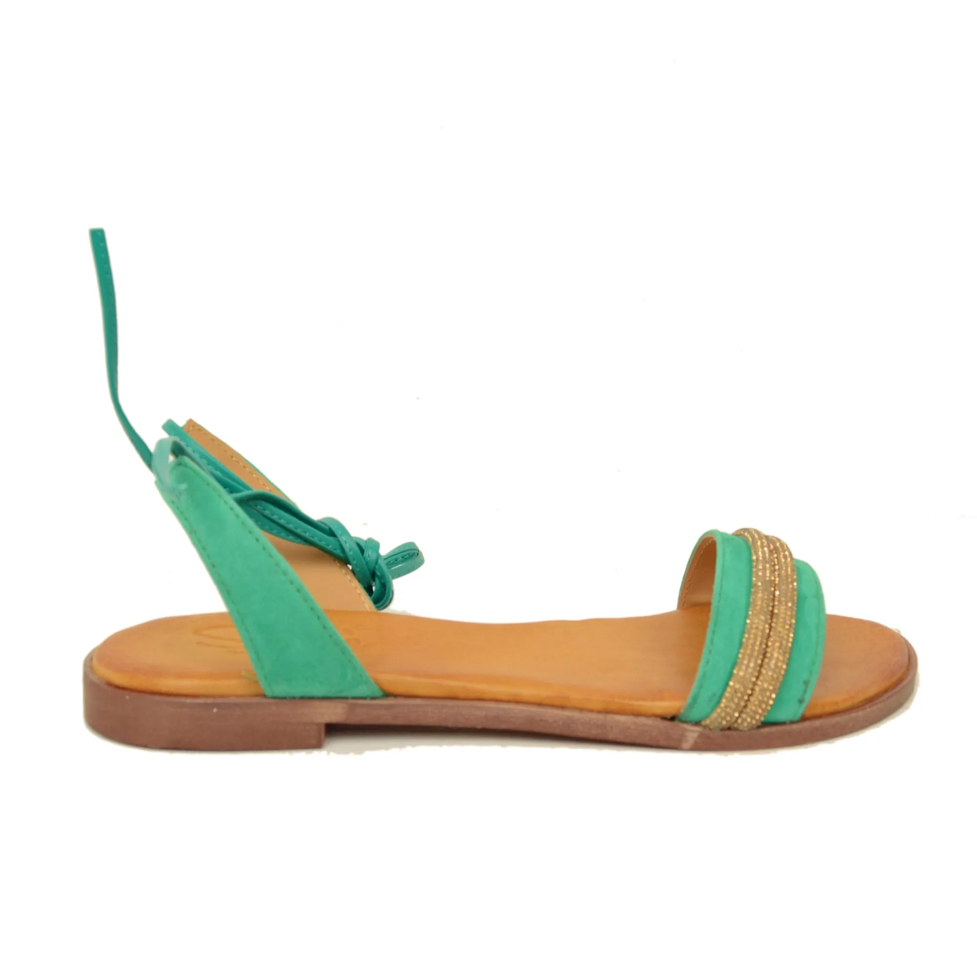 Sandali alla Schiava in Pelle Scamosciata Verde con Strass